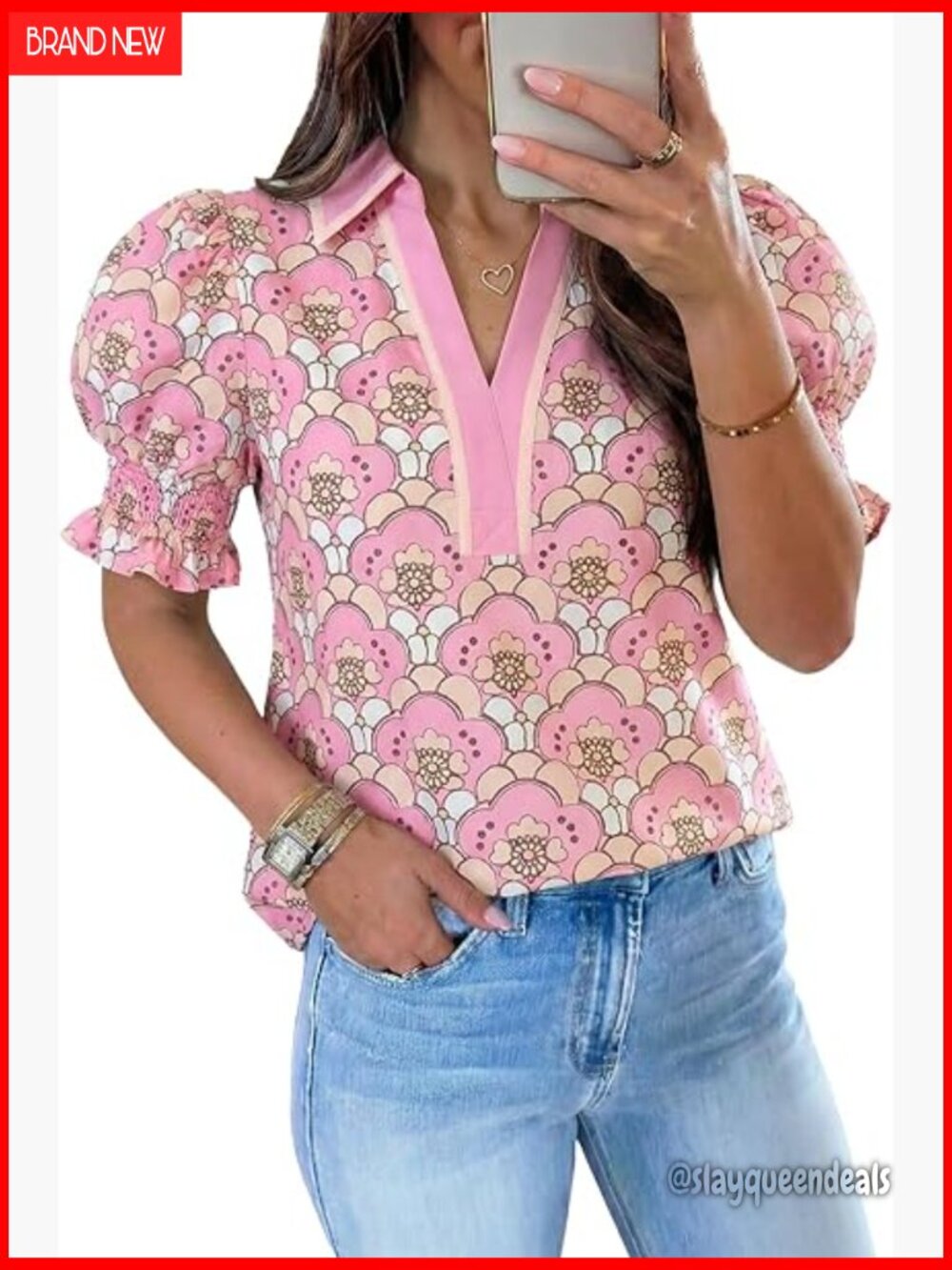 Womens Floral Puff Sleeve Blouse V-Neck Collared Loose Fit Boho Shirt